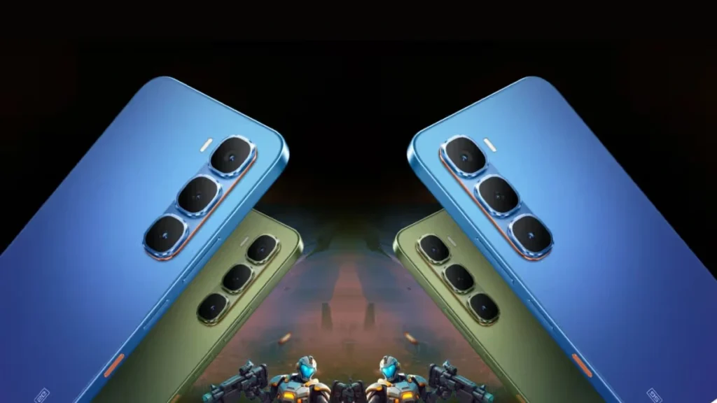 Rear view of Infinix HOT 60 5G+ in blue and green colors with triple camera setup and gaming robots below.