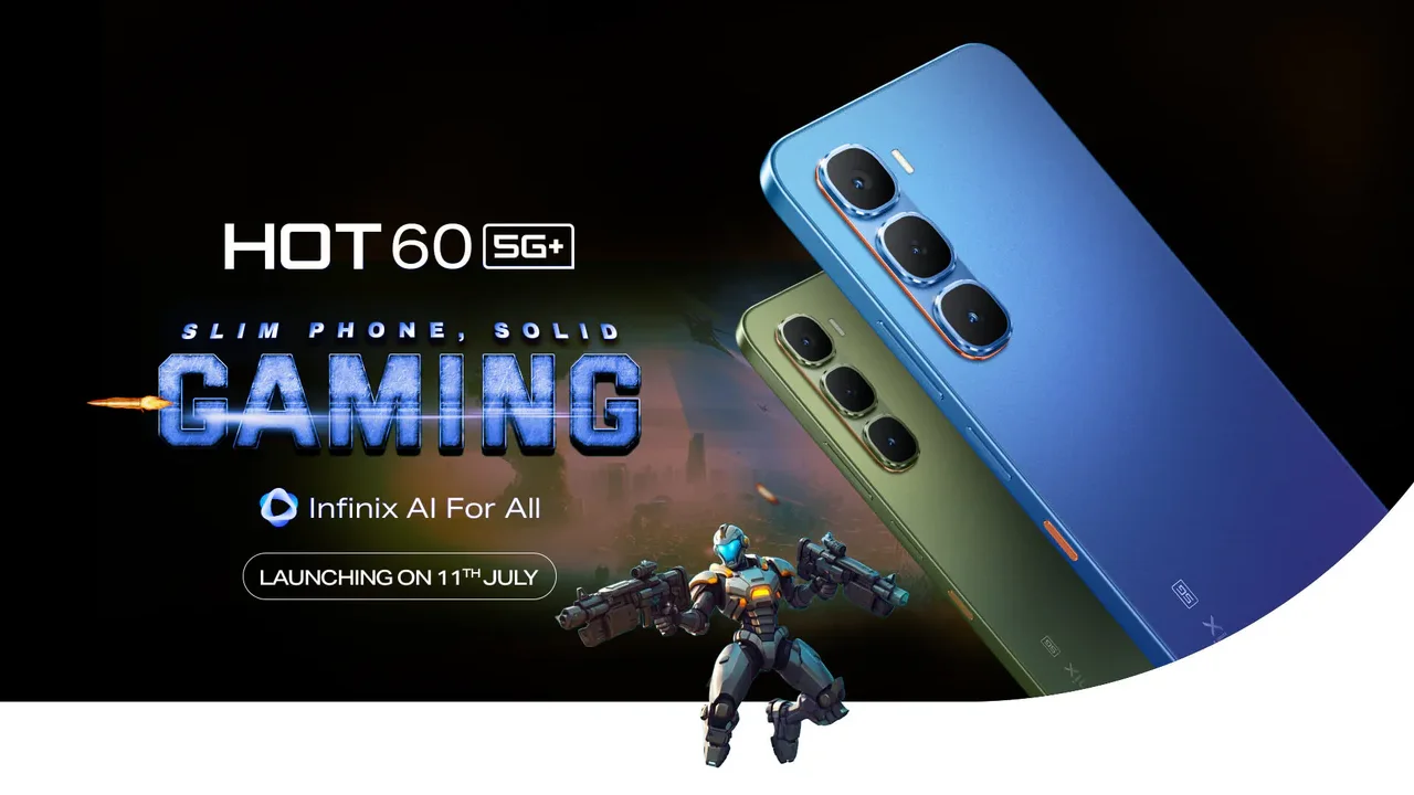 Infinix HOT 60 5G+ poster showing two phones in blue and green color with a gaming robot