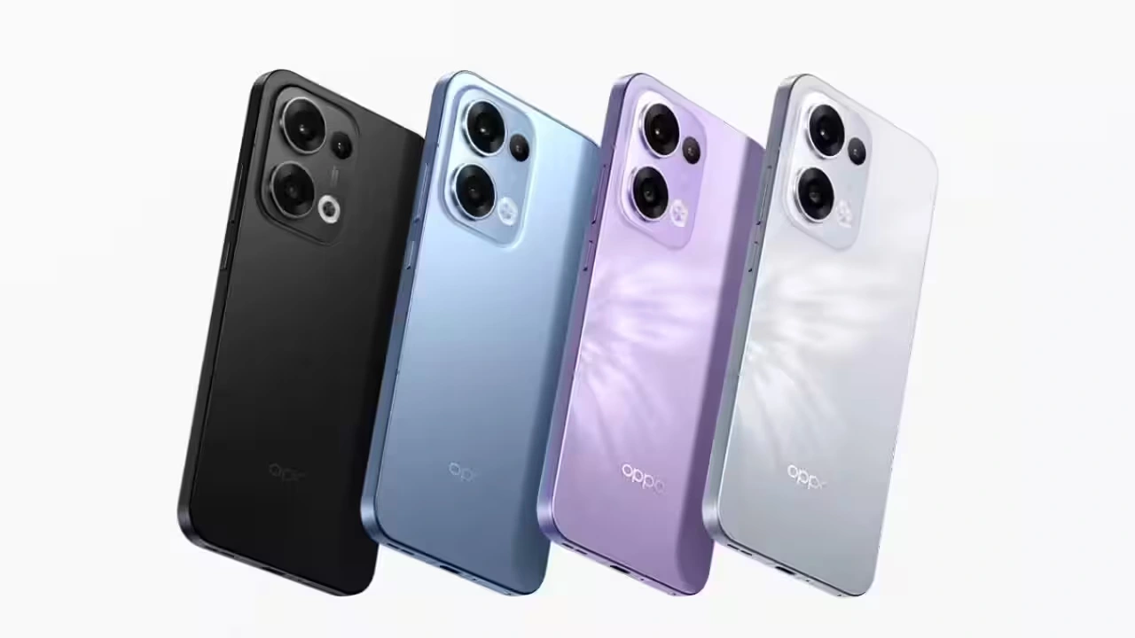 OPPO Reno14 Series smartphones in black, blue, purple, and white color variants