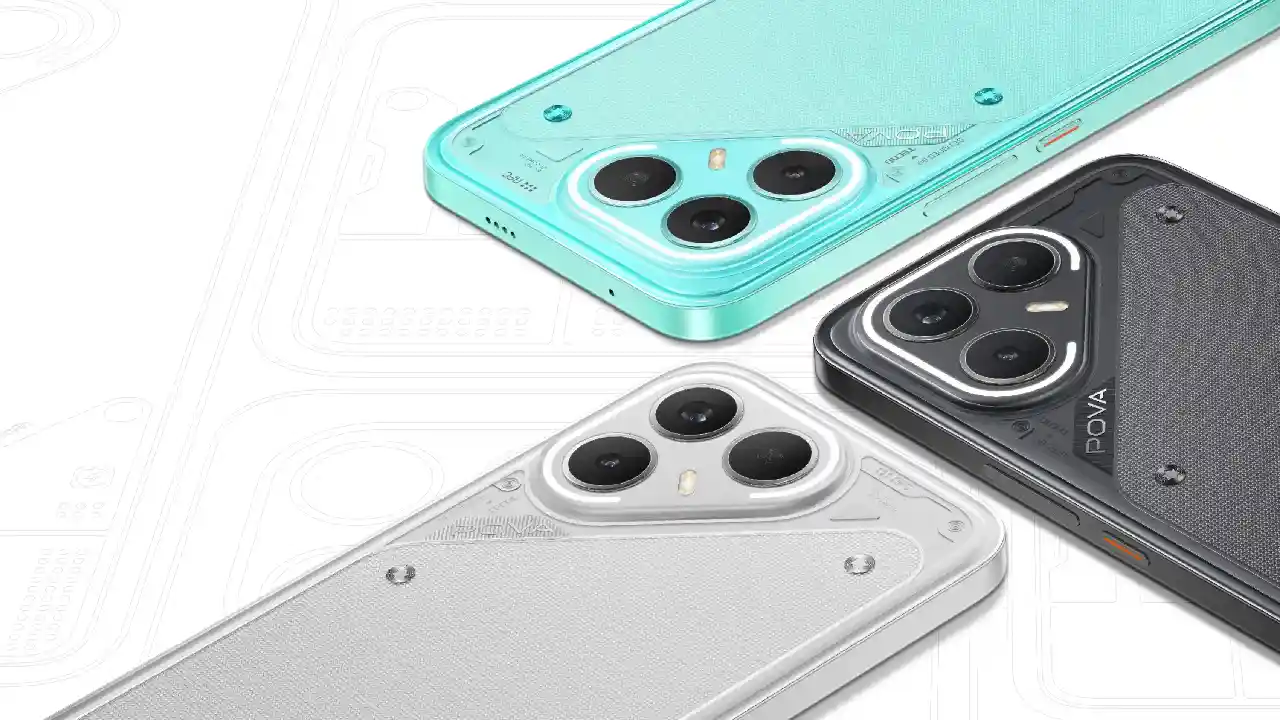 Tecno POVA 7 Pro shown in three color variants – Green, Black, and Silver with triple camera design